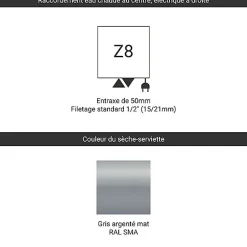 Sèche-serviette mixte gris de 1470mm de haut et 600mm de large - 622 Watt - VIP1470/600Z8SMA