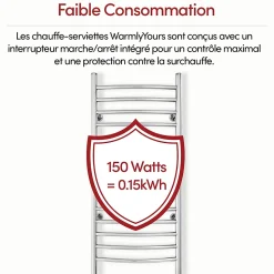 Sèche-serviettes électrique chrome 150W WarmlyYours, Dimensions: 101.6 cm x 45.7 cm
