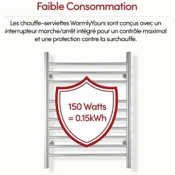 Sèche-serviettes électrique chrome 150W WarmlyYours, Dimensions: 81.2cm x 60 cm