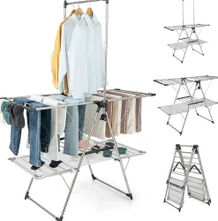 Séchoir à Linge Pliable, Barre de Suspension, Ailes Réglables, Pinces à Chaussettes, Tissu en Maille ,Crochets à Chaussures