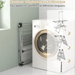 Séchoir à Linge Pliable, Barre de Suspension, Ailes Réglables, Pinces à Chaussettes, Tissu en Maille ,Crochets à Chaussures