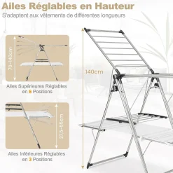 Séchoir à Linge Pliable, Barre de Suspension, Ailes Réglables, Pinces à Chaussettes, Tissu en Maille ,Crochets à Chaussures