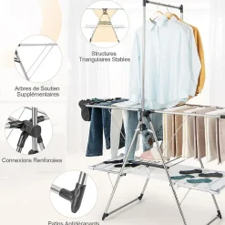 Séchoir à Linge Pliable, Barre de Suspension, Ailes Réglables, Pinces à Chaussettes, Tissu en Maille ,Crochets à Chaussures