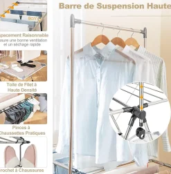 Séchoir à Linge Pliable, Barre de Suspension, Ailes Réglables, Pinces à Chaussettes, Tissu en Maille ,Crochets à Chaussures