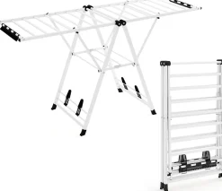 Séchoir à Linge Pliante, avec Ailes Latérales Hauteur Réglable, 20 Barres, Chaussures, Vêtements (1,8 M,Blanc)