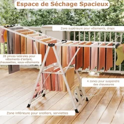Séchoir à Linge Pliante, avec Ailes Latérales Hauteur Réglable, 20 Barres, Chaussures, Vêtements (1,8 M,Blanc)