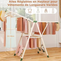 Séchoir à Linge Pliante, avec Ailes Latérales Hauteur, 18 Barres, Chaussures, Vêtements (1,6 M,Beige)