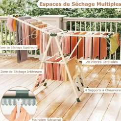 Séchoir à Linge Pliante, avec Ailes Latérales Hauteur, 18 Barres, Chaussures, Vêtements (1,6 M,Beige)