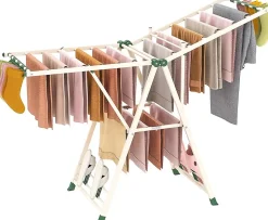 Séchoir à Linge Pliante, avec Ailes Latérales Hauteur, 18 Barres, Chaussures, Vêtements (1,6 M,Beige)