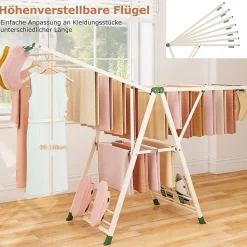Séchoir à Linge Pliante, avec Ailes Latérales Hauteur Réglable, 20 Barres et 4 Crochets Chaussures, Vêtements (1,8 M,Beige)