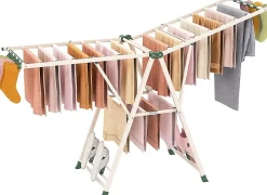 Séchoir à Linge Pliante, avec Ailes Latérales Hauteur Réglable, 20 Barres et 4 Crochets Chaussures, Vêtements (1,8 M,Beige)