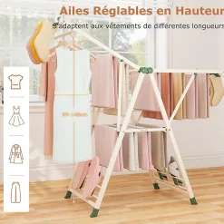 Séchoir à Linge Pliante, avec Ailes Latérales Hauteur, 16 Barres, 28 Pinces Latérales et 4 Crochets, Vêtements (1,4 M,Beige)