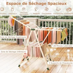 Séchoir à Linge Pliante, avec Ailes Latérales Hauteur, 16 Barres, 28 Pinces Latérales et 4 Crochets, Vêtements (1,4 M,Beige)