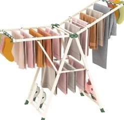 Séchoir à Linge Pliante, avec Ailes Latérales Hauteur, 16 Barres, 28 Pinces Latérales et 4 Crochets, Vêtements (1,4 M,Beige)