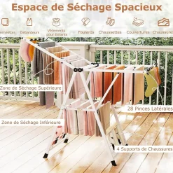 Séchoir à Linge Pliante, avec Ailes Latérales Hauteur, 16 Barres, 28 Pinces Latérales et 4 Crochets, Vêtements (1,4 M,Blanc)