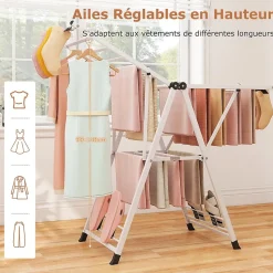 Séchoir à Linge Pliante, avec Ailes Latérales Hauteur, 16 Barres, 28 Pinces Latérales et 4 Crochets, Vêtements (1,4 M,Blanc)