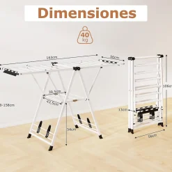 Séchoir à Linge Pliante, avec Ailes Latérales Hauteur Réglable, 18 Barres, Chaussures, Vêtements (1,6 M,Blanc)