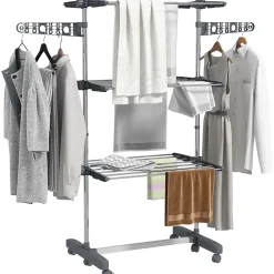 Séchoir à linge étendoir pliable ailes latérales 3 niveaux acier inox PP gris