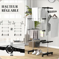 Séchoir à linge étendoir pliable ailes latérales 4 niveaux noir