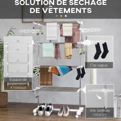 Séchoir à linge étendoir pliable ailes latérales sur 4 niveaux