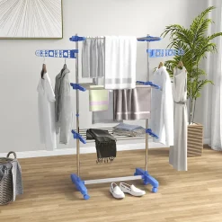 Séchoir à linge étendoir pliable ailes latérales 3 niveaux acier inox PP bleu