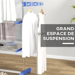 Séchoir à linge étendoir pliable ailes latérales 3 niveaux acier inox PP bleu