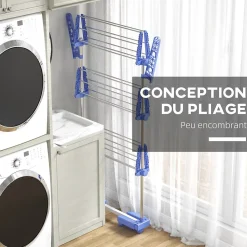 Séchoir à linge étendoir pliable ailes latérales 3 niveaux acier inox PP bleu