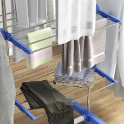 Séchoir à linge étendoir pliable ailes latérales 3 niveaux acier inox PP bleu