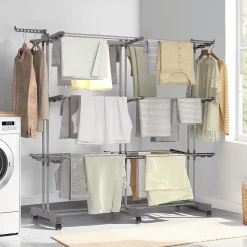 Séchoir à linge vertical pliable et extensible 3 niveaux MAXI capacité 40M inox et gris