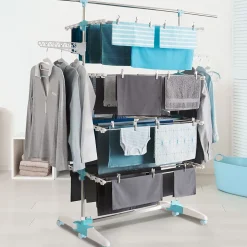 Séchoir à linge vertical pliable 4 niveaux OPTIMUM capacité 30M avec tringle télescopique blanc et bleu