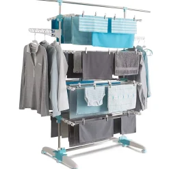 Séchoir à linge vertical pliable 4 niveaux OPTIMUM capacité 30M avec tringle télescopique blanc et bleu