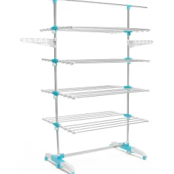 Séchoir à linge vertical pliable 4 niveaux OPTIMUM capacité 30M avec tringle télescopique blanc et bleu