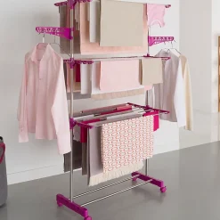Séchoir à linge vertical pliable 3 niveaux MAXIMA capacité 20M inox et rose
