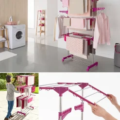 Séchoir à linge vertical pliable 3 niveaux MAXIMA capacité 20M inox et rose