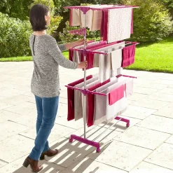 Séchoir à linge vertical pliable 3 niveaux MAXIMA capacité 20M inox et rose
