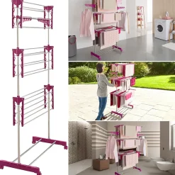 Séchoir à linge vertical pliable 3 niveaux MAXIMA capacité 20M inox et rose