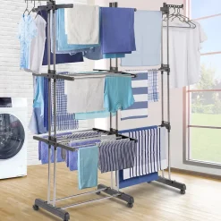 Séchoir à linge vertical pliable et extensible 3 niveaux GIGA capacité 27M avec cintres et pinces inox et gris