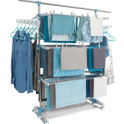 Séchoir à linge vertical pliable 3 niveaux OPTIMUM capacité 30M avec tringle télescopique cintres et pinces blanc et bleu