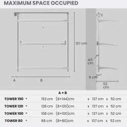 Séchoir mural 3 grilles pliables blanc 152x52x137 cm alu Foxydry Tower 150