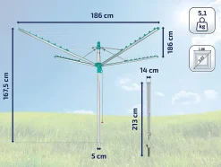 Séchoir parapluie de jardin avec douille de fixation, 40 m d'étendage, gris et bleu turquoise, Leifheit Linomatic 400 Easy