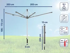 Séchoir parapluie extérieur avec douille de fixation, 50 m d'étendage, noir et gris, Leifheit Linomatic Plus 500