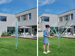 Séchoir parapluie extérieur avec douille de fixation, 50 m d'étendage, gris et bleu turquoise, Leifheit Linomatic 500 Easy