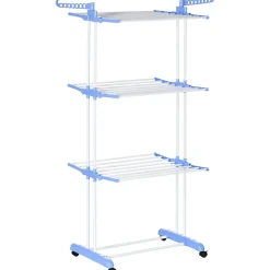 Sechoir à linge étendoir pliable 3 niveaux 2 ailes latérales à cintres acier blanc PP bleu