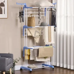 Sechoir à linge étendoir pliable 3 niveaux 2 ailes latérales à cintres acier blanc PP bleu