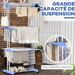 Sechoir à linge étendoir pliable 3 niveaux 2 ailes latérales à cintres acier blanc PP bleu