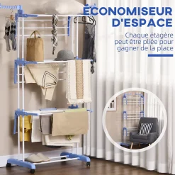 Sechoir à linge étendoir pliable 3 niveaux 2 ailes latérales à cintres acier blanc PP bleu