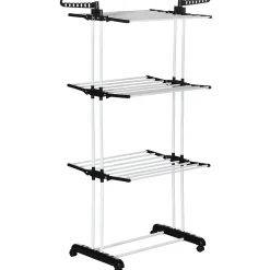 Sechoir à linge étendoir pliable 3 niveaux 2 ailes latérales à cintres acier blanc PP noir