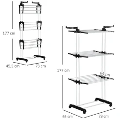 Sechoir à linge étendoir pliable 3 niveaux 2 ailes latérales à cintres acier blanc PP noir