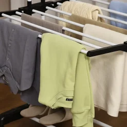 Sechoir à linge étendoir pliable 3 niveaux 2 ailes latérales à cintres acier blanc PP noir