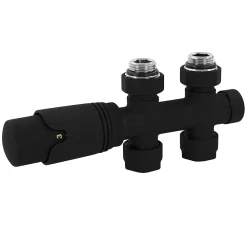 Set vanne thermostatique LuxeBath passage noir pour radiateur de salle de bain à raccord central